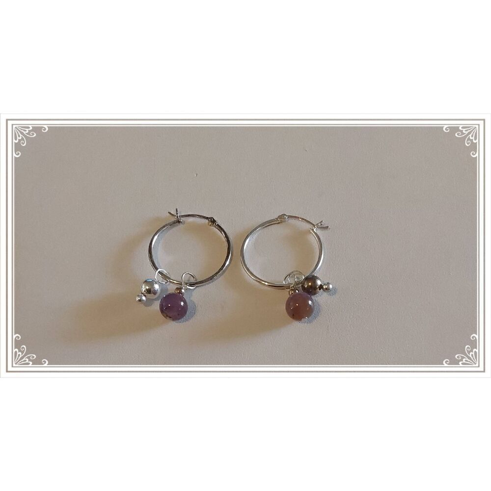New~American West Jewelry 925 SS Hoops w/Sterling & Amethyst Ball Bead Charms
